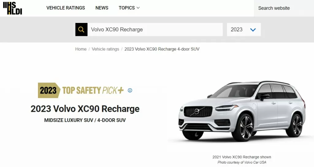 Скриншот с официального сайта тестов IIHS с Volvo XC90